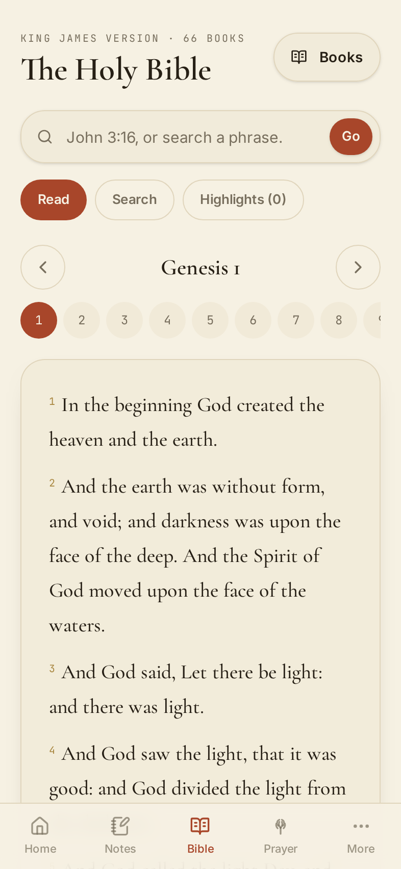 Faithful Notes showing Genesis 1 from the King James Bible with search and highlight controls